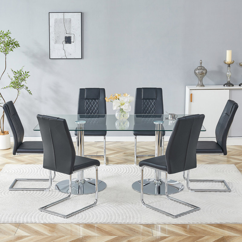 Ensemble de table et de chaises 7 pièces, table en verre trempé avec chaises pour la salle à manger, Noir
