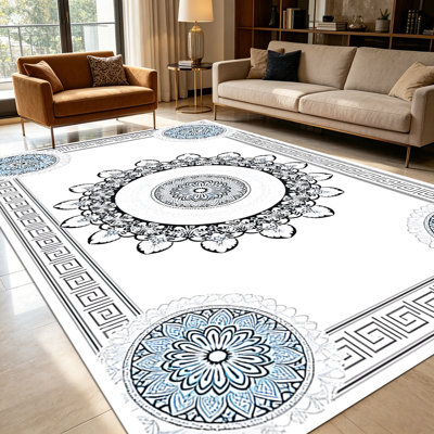 Tapis à motif floral 1 pièce à motif de médaillons grecs rétro pour le salon, doux et confortable, adapté à toutes les saisons, facile à entretenir, lavable à la machine, convient pour la salle à manger, la chambre à coucher, le vestibule, la cuisine, la décoration intérieure et extérieure.