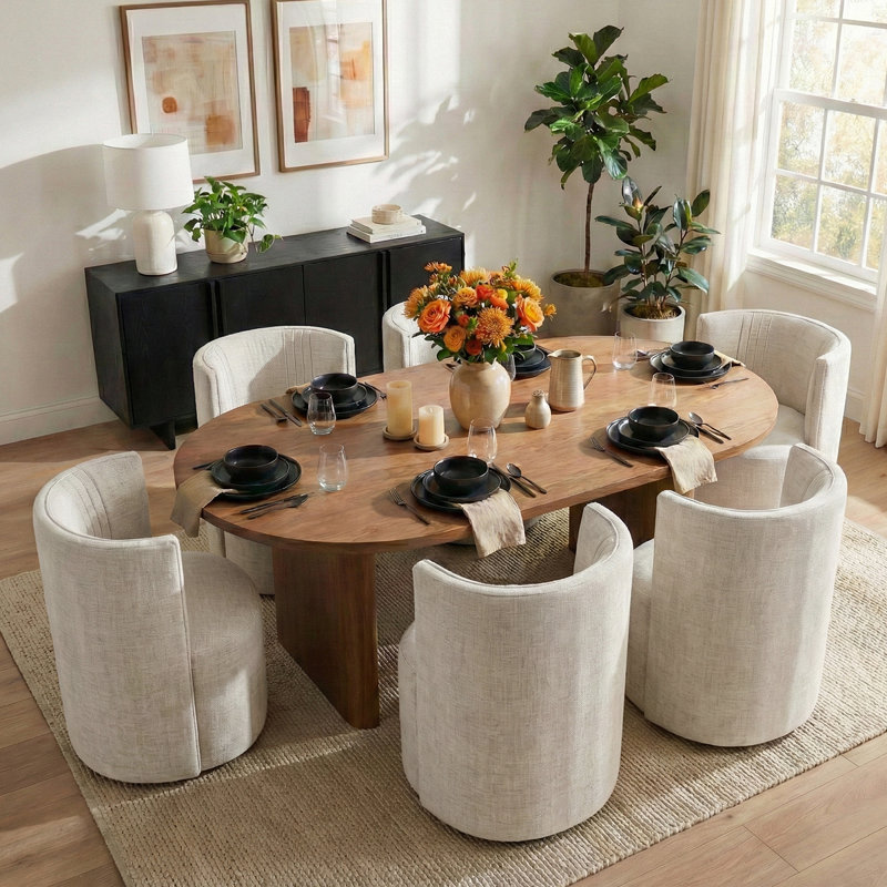 Modern Barrel Back Upholstered Dining Chairs with Hidden Casters, Cream