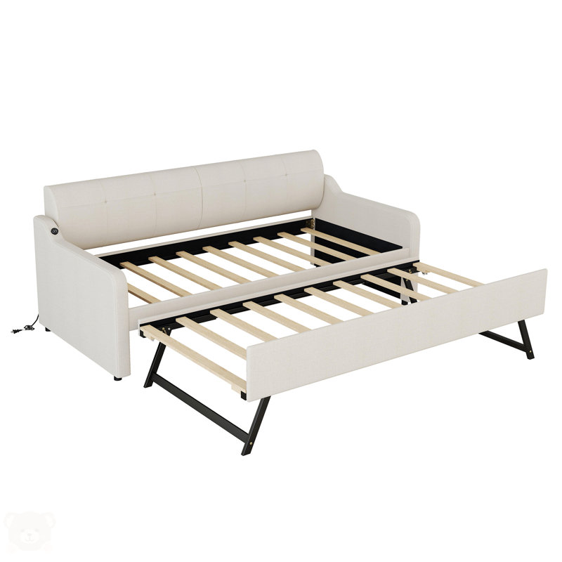 Twin Size Upholstery Daybed With Trundle And USB Charging Design, Beige