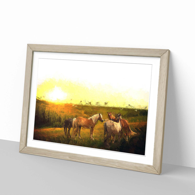 Sunset over the Horses - Picture Frame Painting Print, 27cm H x 36cm W x 2cm D, Oak Framed