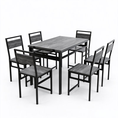Ensemble de table de salle à manger extensible 7 pièces, table de salle à manger rectangulaire extensible pliable avec 6 chaises, structure en fer robuste en métal, plateau de table en grain de bois, mobilier de salle à manger moderne pour appartemen