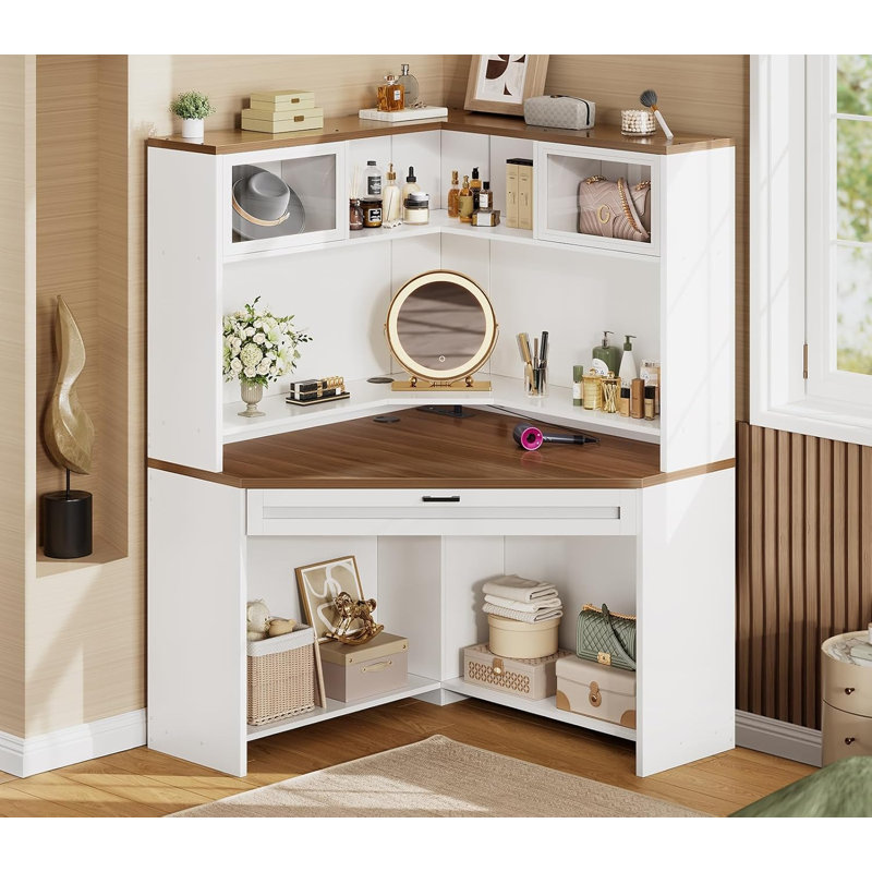 Bureau en coin de 31,5 po avec tiroirs, petit bureau d'ordinateur avec tablettes de rangement et huche, bureau de jeu avec lumières DEL et multiprise pour bureau personnel, blanc et brun