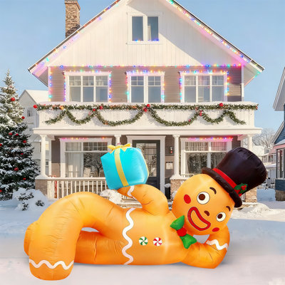 10FT Christmas Inflatable Outdoor Decoration, Lying Gingerbread Inflatable Blow Up Yard Decorations With Leds, Giant Gingerbread Christmas Inflatable For Roof Garden Lawn Home Xmas Party