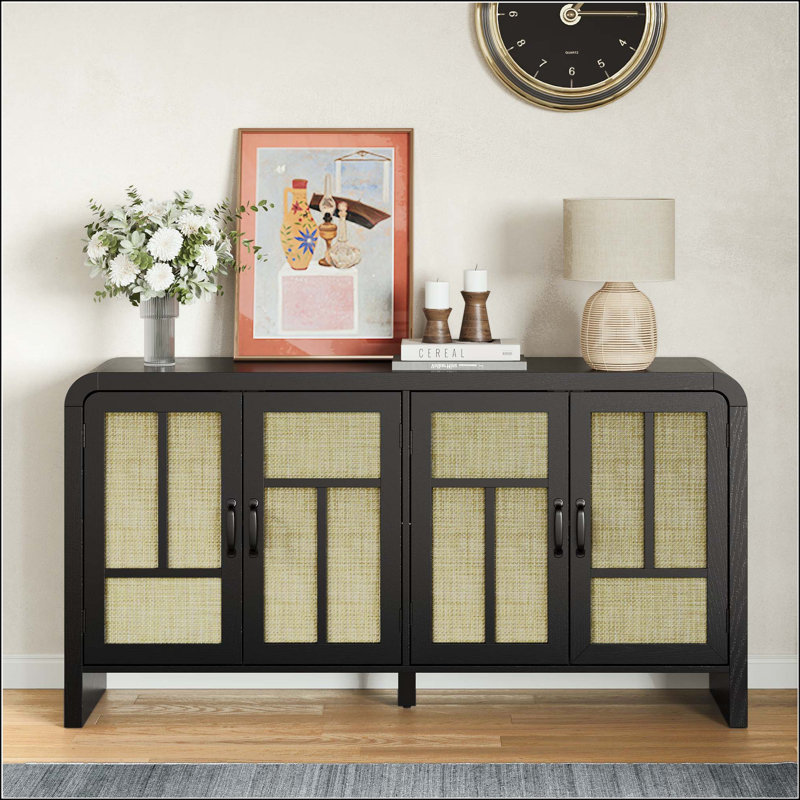 Armoire de rangement en rotin avec 4 portes et tablettes réglables