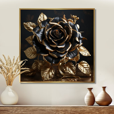 Black Gilded Rose Golden Glam Leaves - Rose Wall Art Decor