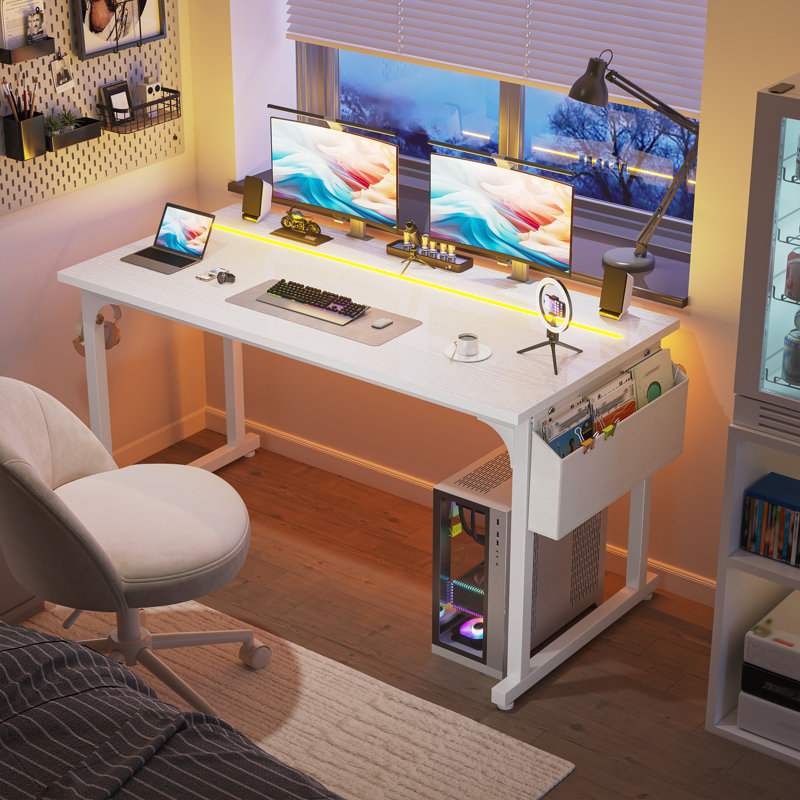 Bureau d'ordinateur à domicile avec lumières DEL pour petits espaces, bureau d'écriture avec sac de rangement et crochet pour casque d'écoute