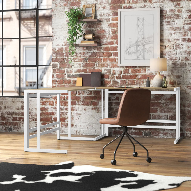 Montreal L-Shaped Metal Base Writing Desk, White/Natural