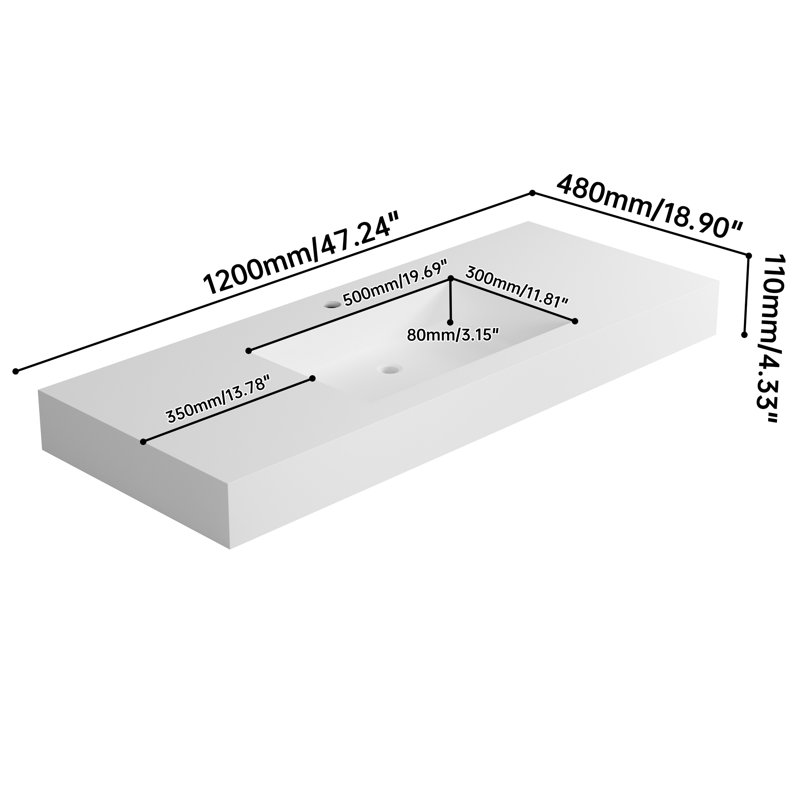 Lavabo pour salle de bain en résine solide à surface solide avec profondeur 45,97 po, largeur 18,43 po, hauteur 4,2 po, 54,54 lb - adaptable aux configurations, matériau de teinture, modes d'installation flexibles, conception aux lignes épurées, confortable