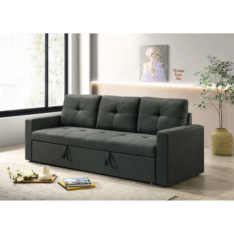 Canapé-lit trois places en tissu gris foncé avec coussins, 212 cm de largeur, 74 cm de profondeur, 86 cm de hauteur, 62 kg, lit gigogne 179 cm de largeur x 114 cm de profondeur, 39 cm x 185 cm de largeur, dossier 52 cm x 44 cm, 57 cm de hauteur, pied en plastique noir, rembourrage en mousse