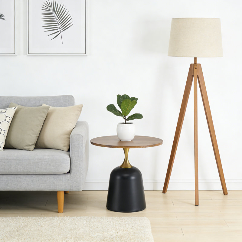 Table d'appoint de salon avec petite table d'appoint, table d'appoint étroite, plateau en bois et base en métal, Noyer
