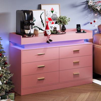 Modern LED Sideboard Buffet Cabinet – 6 Drawers, Charging Station, Floating Countertop – TV Stand, Coffee Bar Storage for Living Room, Bedroom, Office – Pink