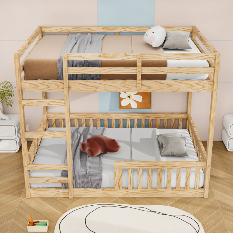 Lit superposé double en bois avec échelle et garde-corps, Naturel