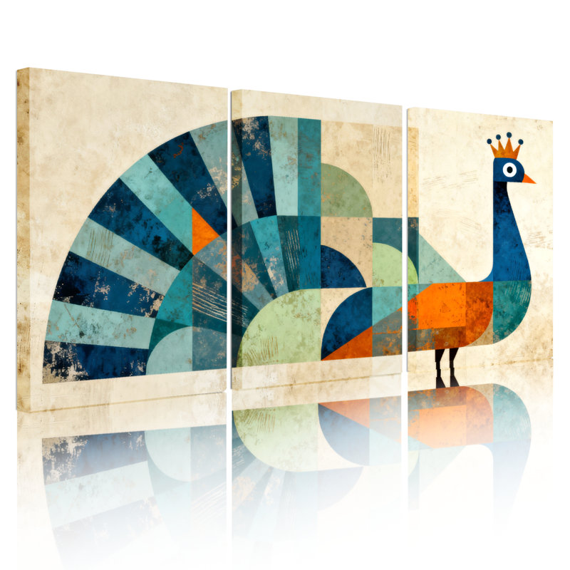 Paon géométrique abstrait, art mural moderne sur toile tendue (ensemble de 3), H 18 po x l 36 po