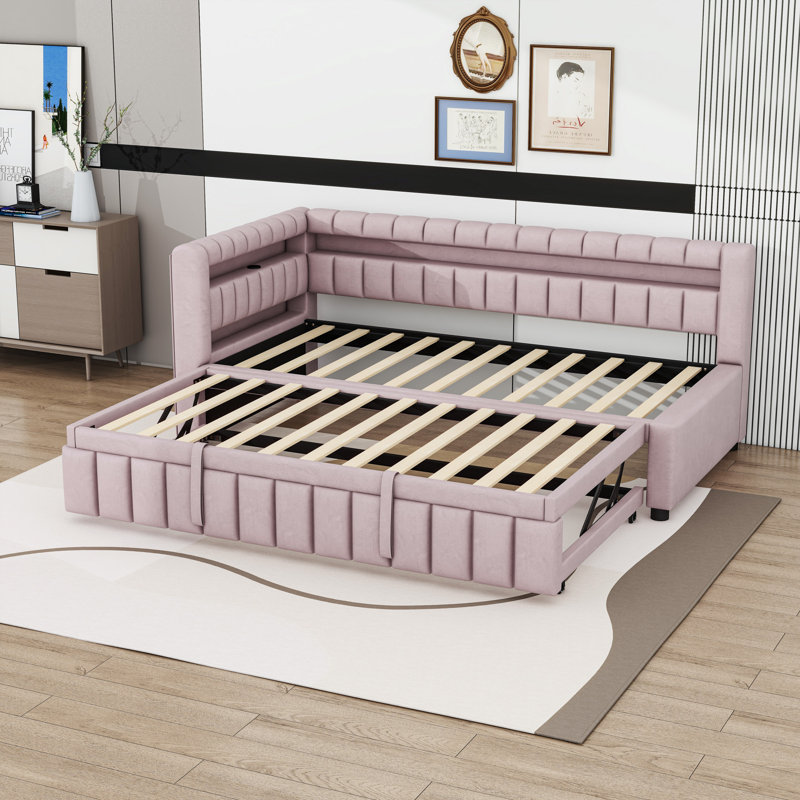 Lit de jour simple TG rembourré avec ports USB, éclairage DEL et lit gigogne, Pink