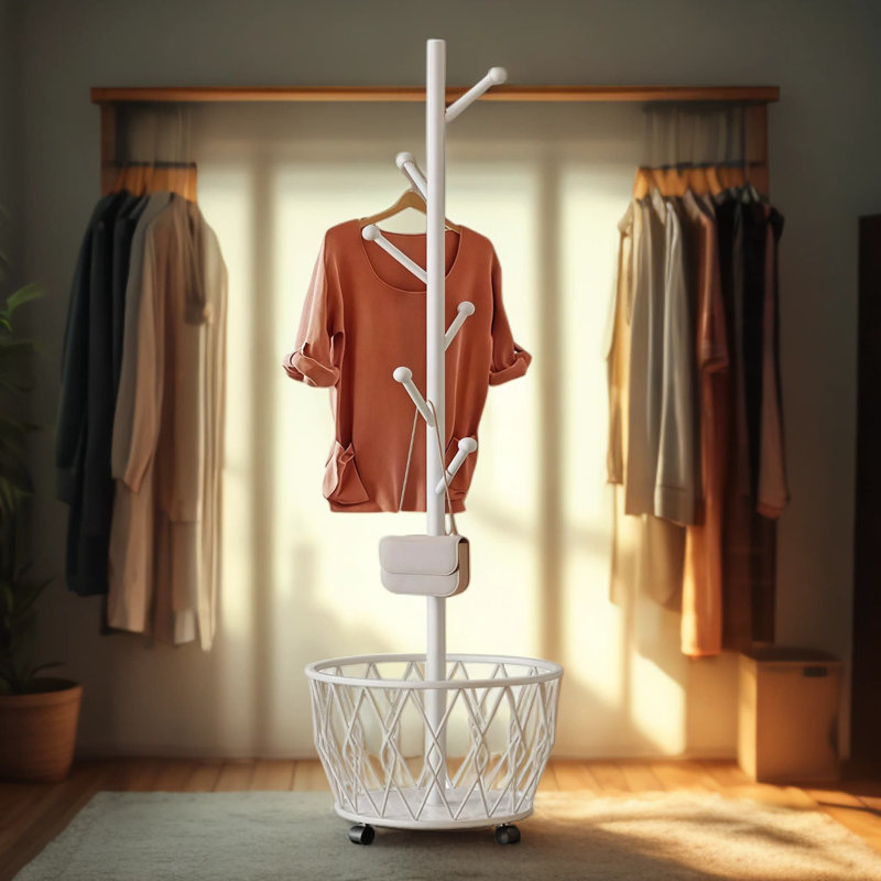 Portemanteau autoportant avec panier de rangement et roues, organisateur de vêtements en métal robuste avec 6 crochets doubles pour l'entrée, la chambre à coucher ou le coin