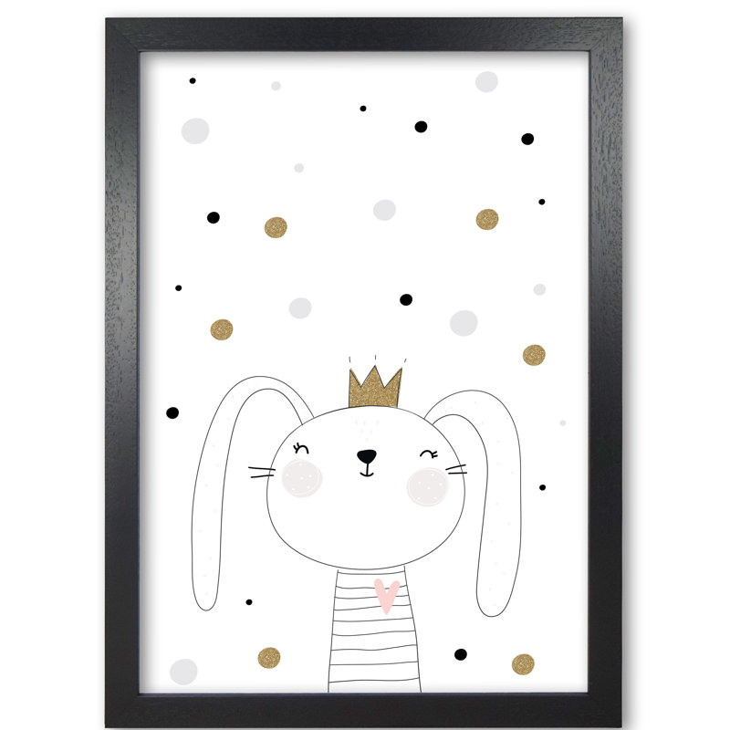 Scandi Cute Bunny With Crown And Polka Dots - Painting, 42 cm H x 30 cm W x 5 cm D, Black Grain Frame