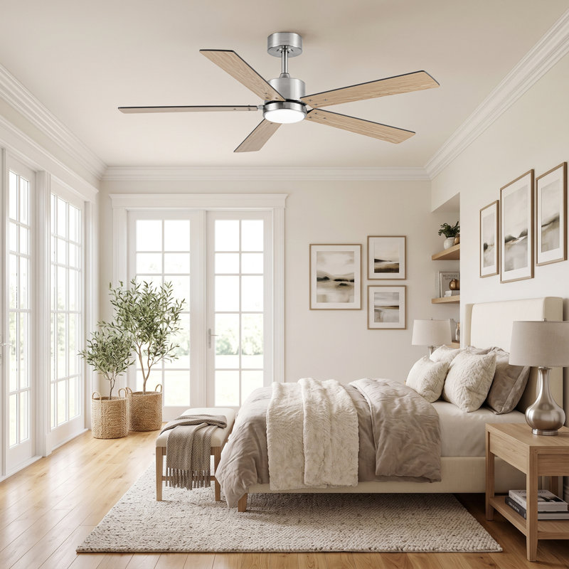 Ventilateur de plafond intelligent à DEL à intensité variable de 52 po, APP et télécommande, moteur CC réversible à 6 vitesses, 3 lumières de couleur, minuterie, pales de bois à double face, tiges verticales de 6 po / 10 po