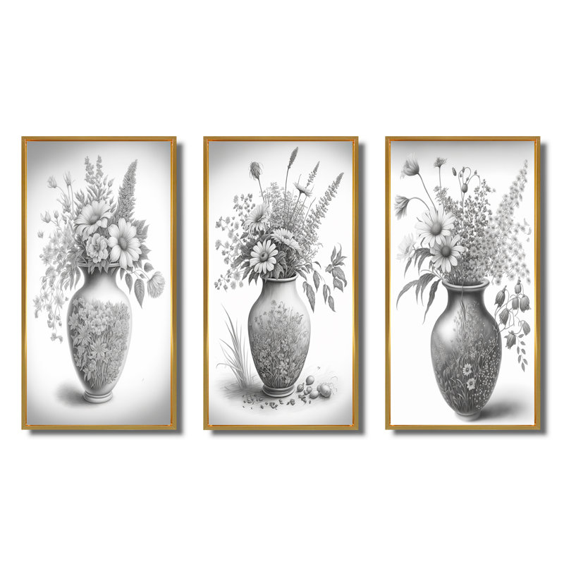 «Nature morte au crayon noir et blanc monochrome», 3 pièces sur toile, Or, H 20 po x l 36 po