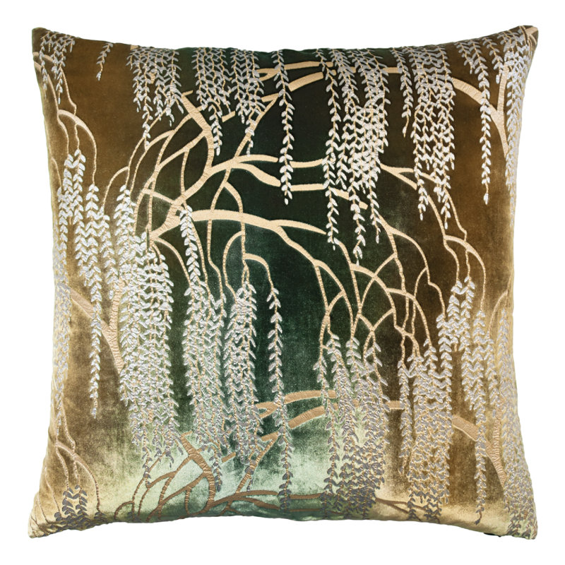 Willow Metallic Square Velvet Pillow Cover & Insert, Green/Gold/Brown, 22" x 22"