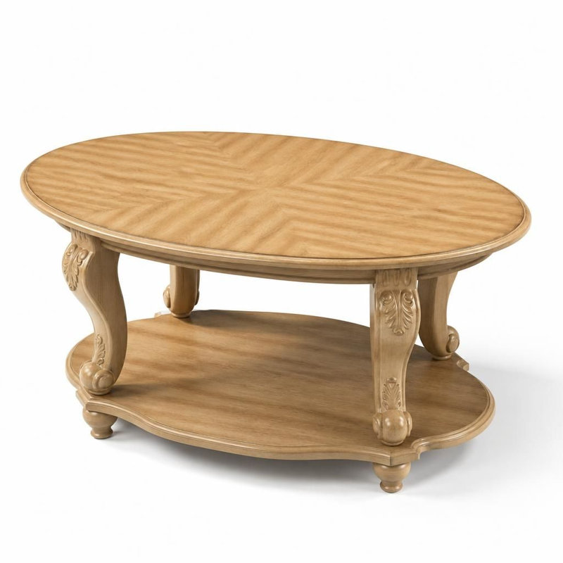 Table basse ovale à deux niveaux en bois avec tablette de rangement ouverte, pieds en bois massif, surface résistante à la chaleur et aux égratignures, stable et durable, montage facile.