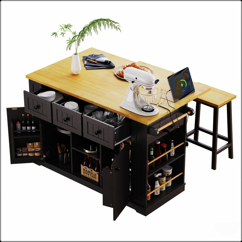 53Inch Large Kitchen Island With 2 Bar Stools, Power Outlet, Door Internal Storage, And 5 Wheels For Versatile Kitchen And Dining Use