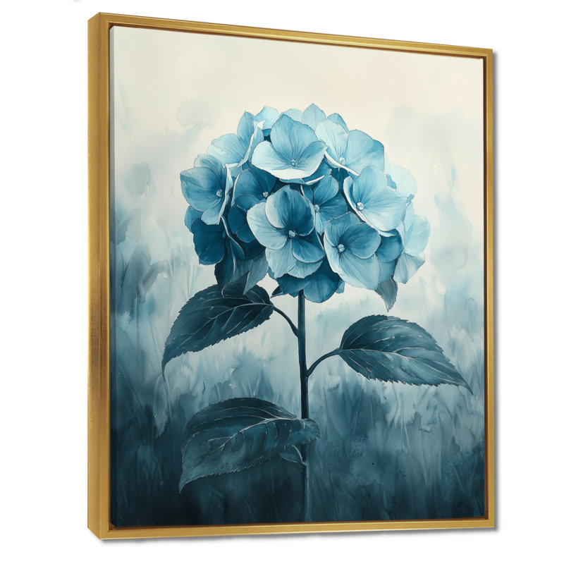 Bleu sarcelle hortensia dans un champ monochrome - hortensia art mural, 40" H x 30" W, Impression encadrée flottante, Gold