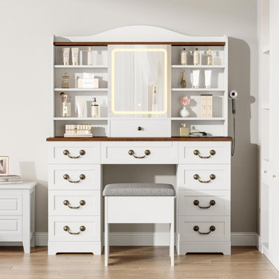 Makeup Vanity Desk with Mirror and Lights, Vanity Table with Chair, Vanity Desk with 10 Drawers and 10 Storage Shelves, Adjustable LED Light Makeup De