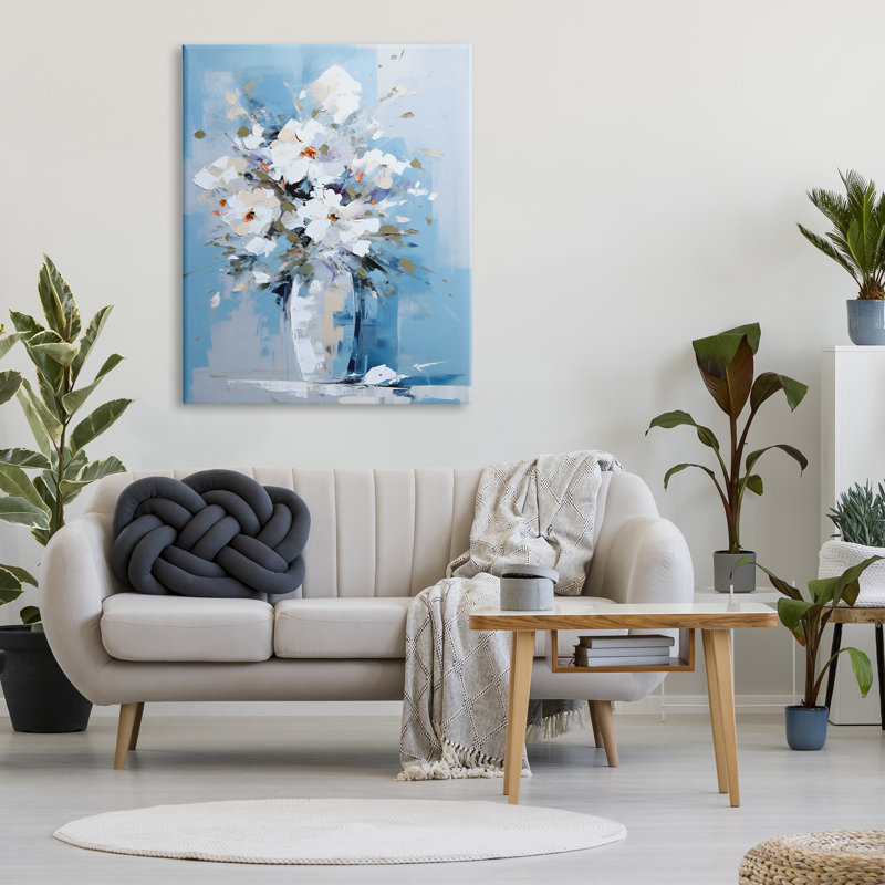 Bouquet blanc et bleu sur toile par Ray Powers, H 48 po x l 36 po x P 1,5 po