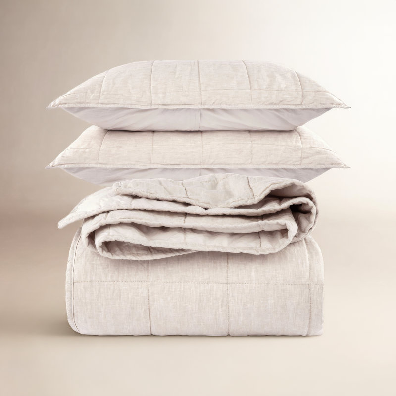 French Linen Box Stitch Quilt & Sham Set, Putty Heather, King Quilt + 2 King Pillow Shams