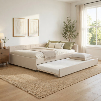 Queen Size Upholstered Platform Bed With Usb And Twin Size Trundle