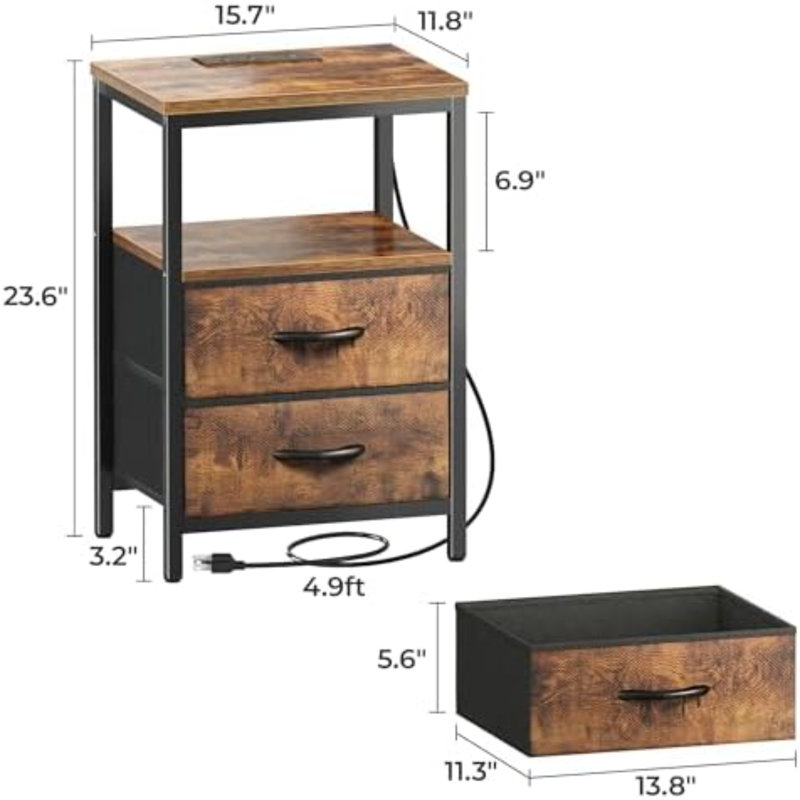 Nightstand With Charging Station, Fabric Drawers, End Table With Open Shelf, Bedside Table With USB Ports And Outlets, Night Stand For Bedroom, Rustic Brown