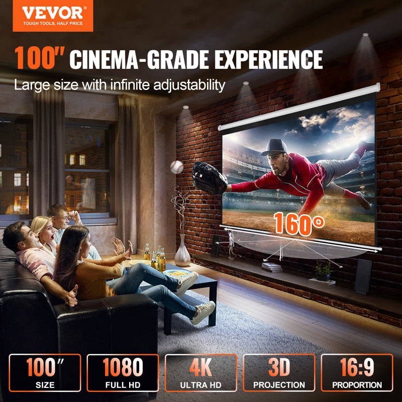 VEVOR 100" White Manual Pull Down Projector Screen