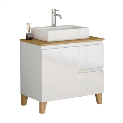 Ensemble de meuble-lavabo moderne de 31,5 po avec lavabo combiné, 1 porte et 2 grands tiroirs, système de fermeture en douceur, conception sans poignée, comptoir et pieds en bois massif naturel, lavabo carré en céramique sur le comptoir
