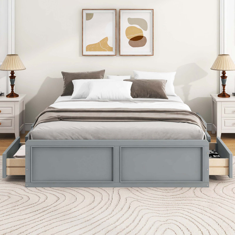Structure de lit plateforme en bois grand format avec rangement spacieux sous le lit avec 6 tiroirs, gris