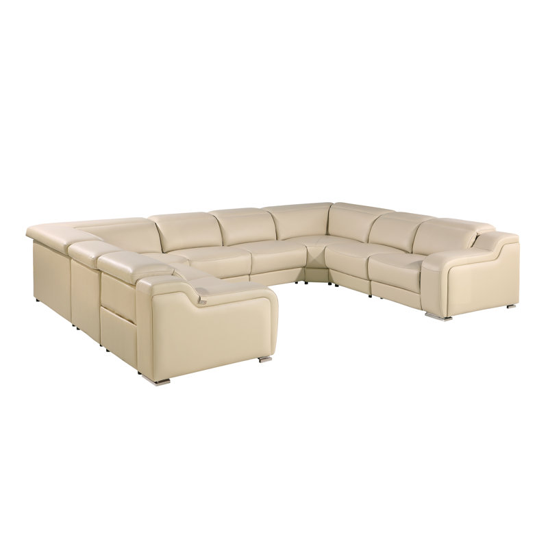 Stanwin 8 - Piece Top Grain Italian Leather Power Reclining Corner Sectional, Beige Genuine Leather