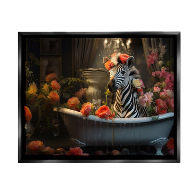 «Zebra Bathing With Florals Floater Frame» par Lazar Studio sur toile