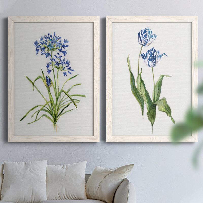 «Blue Lived Botanical I», ensemble de 2 peintures sur toile encadrées, H 20 po x l 34 po x P 1,5 po, Blanc