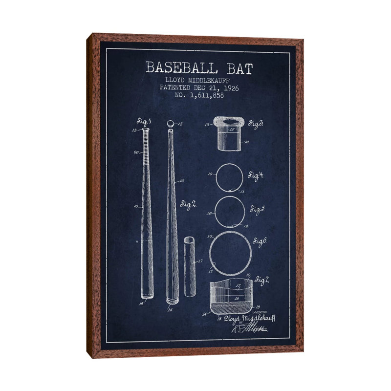 Baseball Bat Navy Blue Patent Blueprint 1 Piece Wall Art on Canvas, 101.6 cm H x 66.04 cm W, Classic Wood Framed