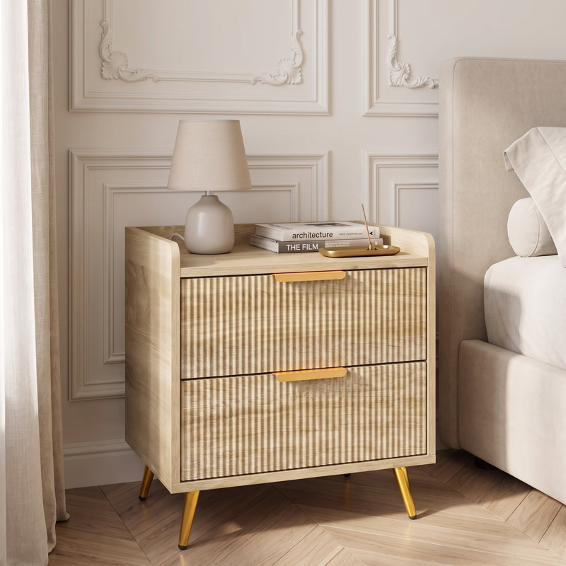Bedside Table with 2 Drawers, Natural Wood Finish, Fluted Drawer Panels, Gold Metal Legs, Modern 50x40x50cm