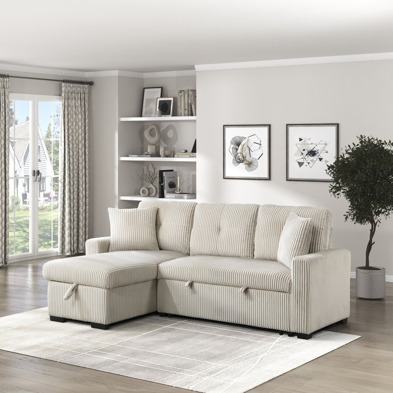 Lamrock 83.5" Transitional Corduroy 3-Piece Reversible Sectional with Pull-Out Bed & Hidden Storage, Beige Corduroy