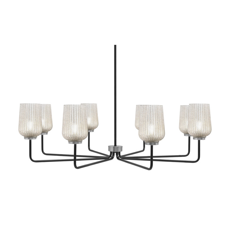 Lustre 8 lumières Amarmula, noir mat et finition graphite, verre texturé argenté de 5 po, Argenté/Transparent, Noir / nickel