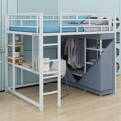 Loft Metal Bed With Desk,Shelves,Power Outlet,LED Light And Wardrobe by Mason & Marbles