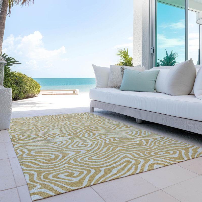 Gold and White Flat Woven Synthetic Rectangular Rug