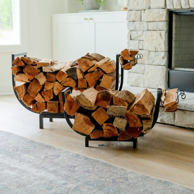 Firewood Rack Outdoor And Indoor Firewood Storage With Kindling Wood Hooks. 24.5 In Curved Double Coated Fire Wood Rack. Waterproof Rustproof Stable Log Holder And Fireplace Organizer