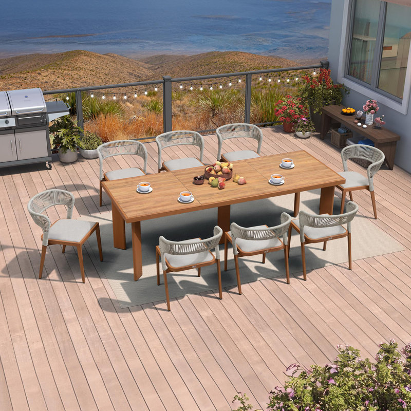 Ensemble de table de patio et chaises 9 pièces PURPLE LEAF avec rotin en osier d'aluminium, Beige, Brun