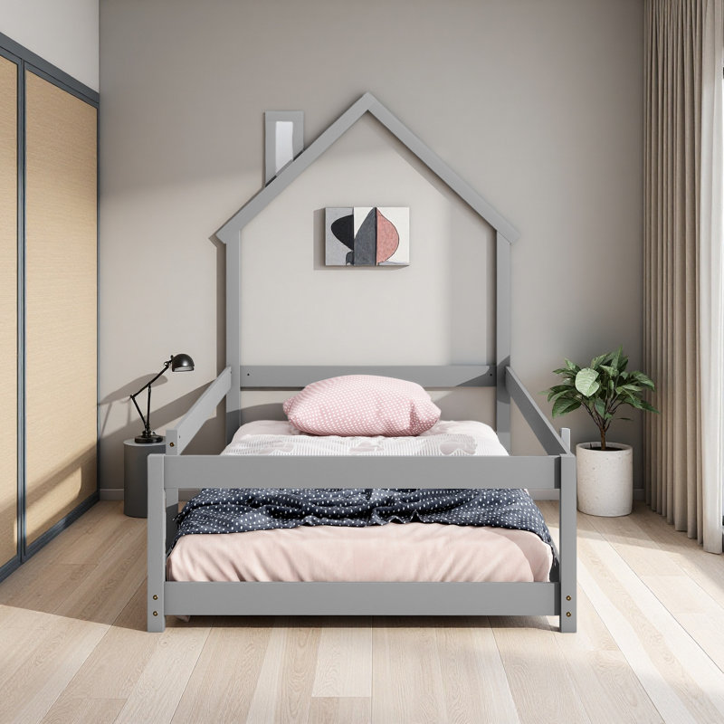 Lit simple en bois avec tête de lit en forme de maison et clôtures, Gris