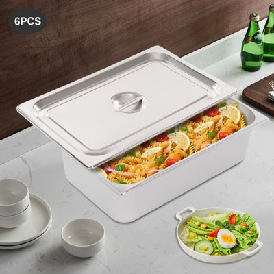 6 Pack 1/1 Size Steam Table Pans with Lids 6 in Deep 9.5 Qt 201 Stainless Steel Commercial Food Pans for Buffet Restaurant & Catering