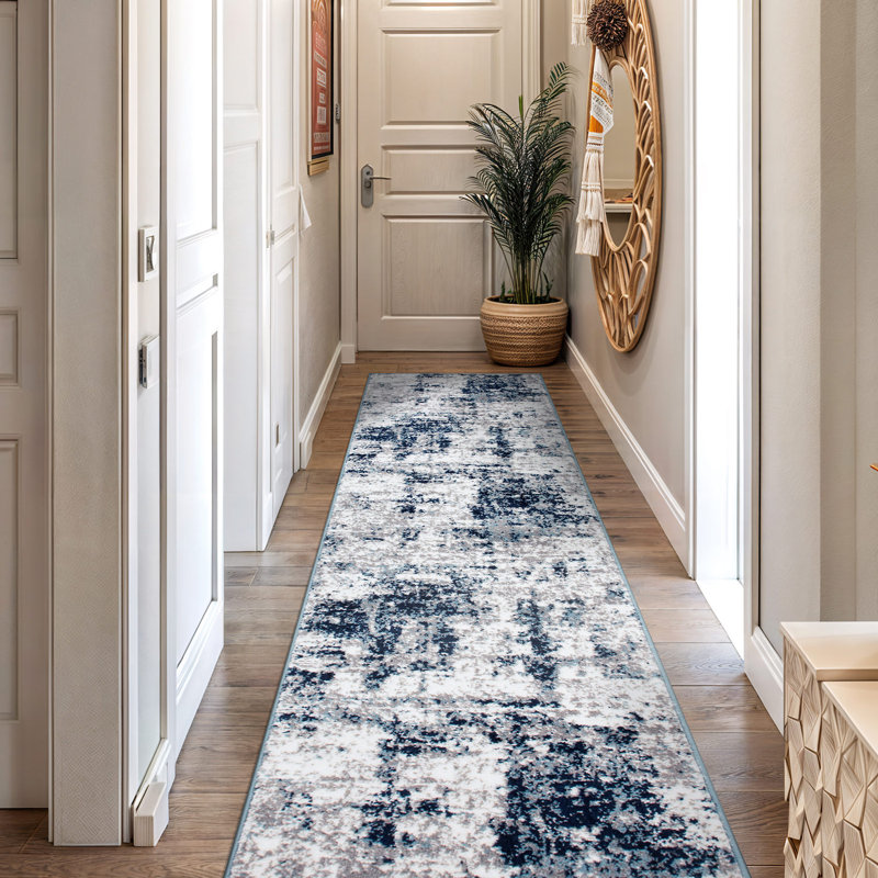 Tapis gris / bleu / ivoire Willington, Tapis de couloir 2 pi 7 po x 12 pi