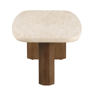 Contemporary Style 1pc Coffee Table Organic Shape Yellow Travertine And Brown Oak Finish Living Room Furniture